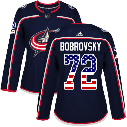 Adidas Blue Jackets #72 Sergei Bobrovsky Navy Blue Home Authentic USA Flag Women's Stitched NHL Jersey - Click Image to Close